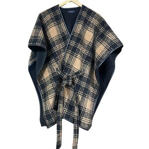 Rachel Roy Women's Plaid Cape Tan‎ Black Shawl Wrap Open Front with Belt SZ M